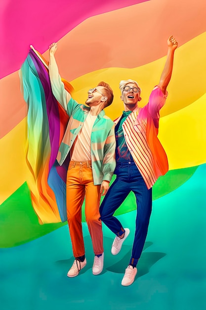 Generatieve AI-illustratie van portret van twee homoseksuele mannen die verliefd en erg opgewonden zijn in de straten van de stad