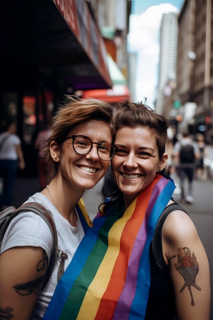 Foto generatieve ai-illustratie van portret van twee verliefde lesbische vrouwen gelukkig in de stad