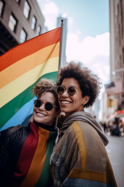 Generatieve AI-illustratie van Portret van twee verliefde lesbische vrouwen Gelukkig in de stad