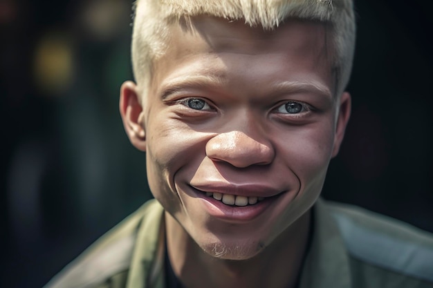 Generatieve AI-illustratie van portret van zwarte mannelijke albino met vitiligo die naar de camera kijkt