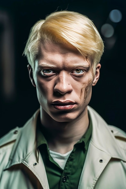 Generatieve AI-illustratie van portret van zwarte mannelijke albino met vitiligo die naar de camera kijkt