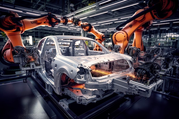 Generatieve AI-illustratie van robots die lassen op de assemblagelijn van auto's Gerobotiseerde industrie