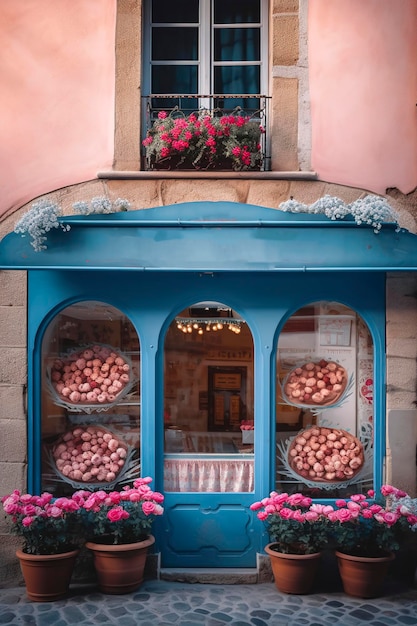 Generatieve AI-illustratie van romantische roze gevel met rozen aan de deur