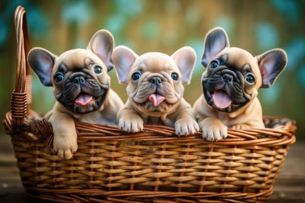 Generatieve AI-illustratie van schattige Franse Bulldog-puppy's die in een mand zitten