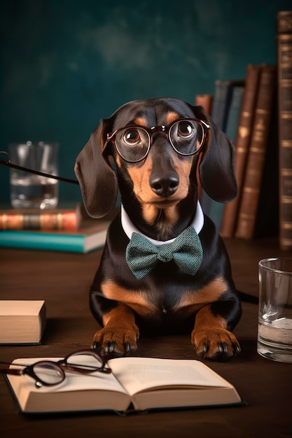 Generatieve AI-illustratie van schattige teckelhond met een bril en een boek dat op school leert