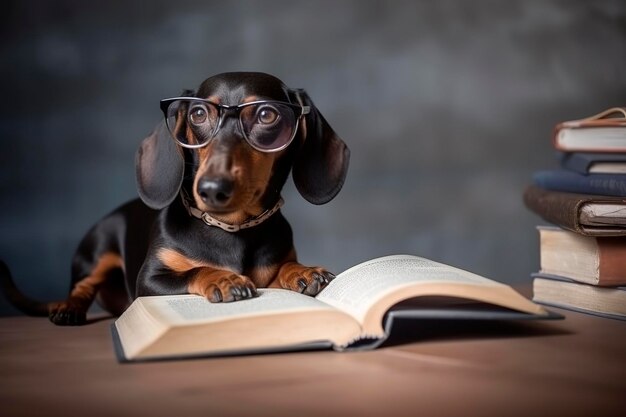 Generatieve AI-illustratie van schattige teckelhond met een bril en een boek dat op school leert