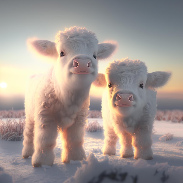 Foto generatieve ai-illustratie van schattige witte huiselijke pluizige koeien met krullende vacht en roze neuzen die tijdens het grazen op een zonnig besneeuwd veld staan in het licht van de zonsondergang