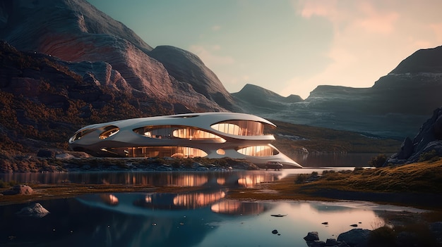 Generatieve ai-illustratie van scifi-futuristische buitenkant ontworpen met grote ramen