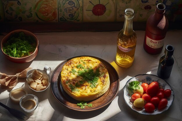 Generatieve ai illustratie van spaanse tortilla de patatas onvoldoende gaar en groene en rode saladebroodbiereiaardappeltjesgezouten en groene peperskommen saussparsley