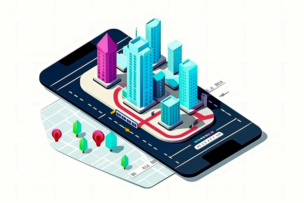 Generatieve AI-illustratie van stadskaartroutenavigatie online op smartphone met puntzoeker Isometrisch stadsplan met weg en gebouwen