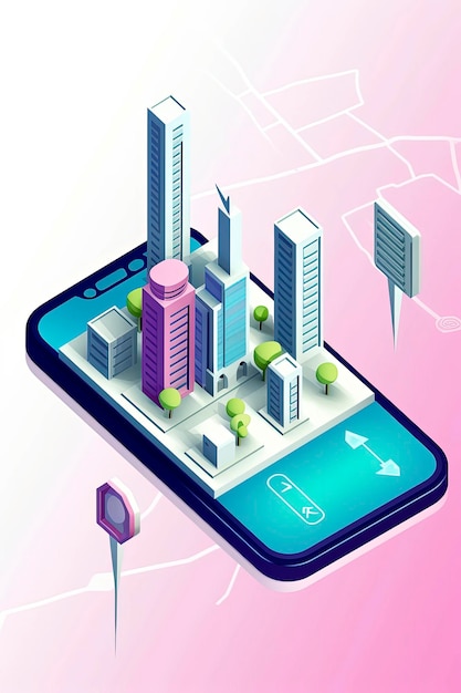 Generatieve AI-illustratie van stadskaartroutenavigatie online op smartphone met puntzoeker Isometrisch stadsplan met weg en gebouwen