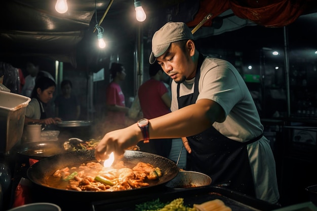 Generatieve AI-illustratie van straatchef in Bangkok Thailand kookt een gerecht voor tevreden klanten op de avondmarkt