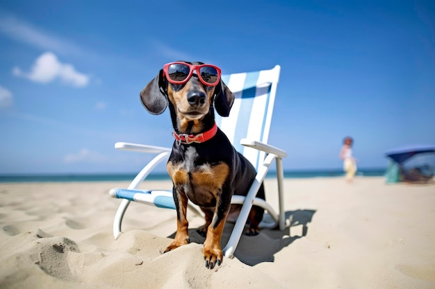 Generatieve ai-illustratie van teckelhond die een zonnebril draagt op vakantie in een hangmat