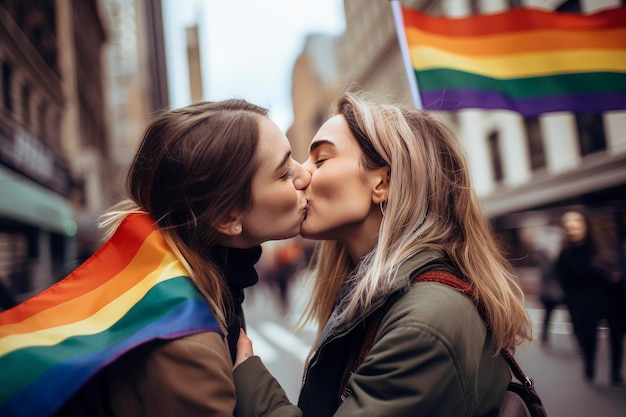 Generatieve AI-illustratie van twee lesbische vrouwen die Happy zoenen in de stad