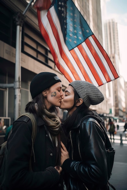 Generatieve AI-illustratie van twee lesbische vrouwen die Happy zoenen in de stad