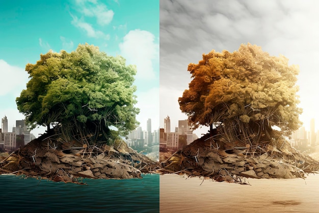 Generatieve AI-illustratie van twee verschillende foto's van een eiland met twee bomen, een met afval en vernietiging en een andere groen met duurzame natuur erachter