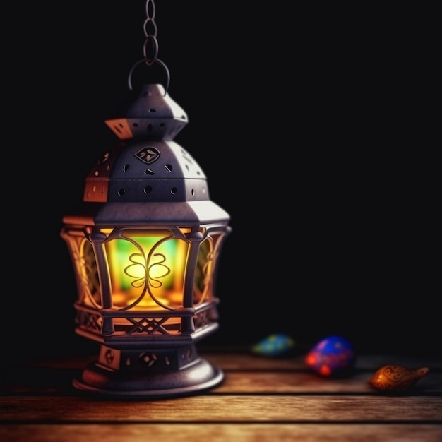 Generatieve ai-illustratie van verlichte arabische lampen etnische kleimodellen op glanzende houten achtergrond eid mubarak concept