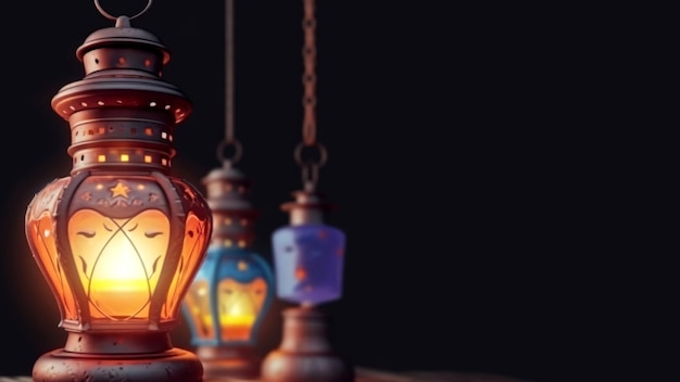 Generatieve AI-illustratie van verlichte Arabische lampen op donkere achtergrond en kopieer ruimte Eid Mubarak Concept