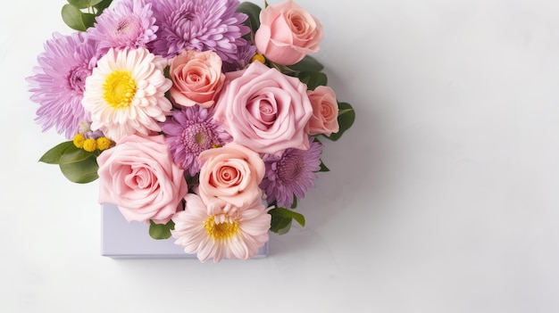 Generatieve ai-illustratie van vers boeket bloemen met roze geschenkdoos