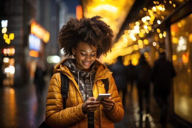 Foto generatieve ai-illustratie van vrolijke jonge afro-amerikaanse vrouw in warme kleren met behulp van een smartphone