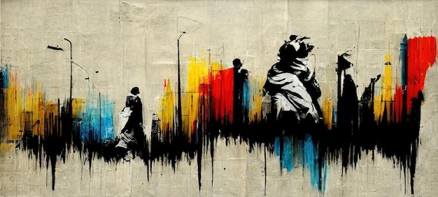 Generatieve AI Ink zwarte straatgraffitikunst op een getextureerde papieren vintage achtergrond geïnspireerd door Banksy