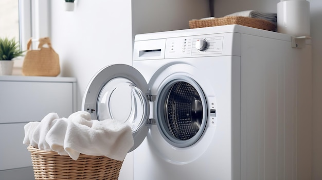 Generatieve AI Interieur van een wasruimte met wasmachine en wasmand