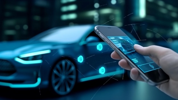 Generatieve AI Internet of Things-pictogrammen en een draagbare smartphone zijn allemaal aanwezig in de auto