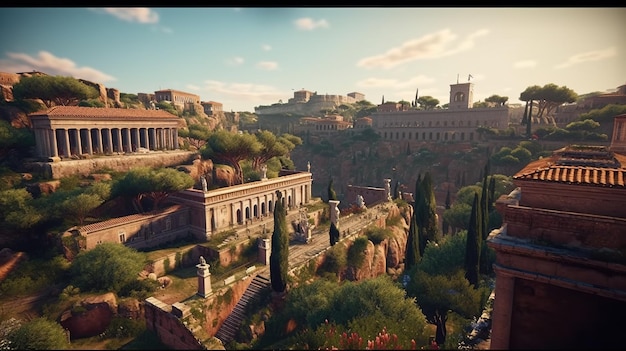 Generatieve AI Italiaanse antieke structuren met kolommen en bogen architectonische bezienswaardigheid in de Romeinse stad