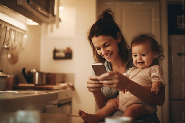Generatieve AI jonge gelukkige moeder is een huisvrouw met een baby doet huiswerk en praat aan de telefoon