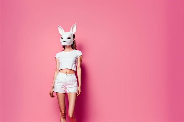 Generatieve ai jonge vrouw op geïsoleerde achtergrond met konijnenmasker
