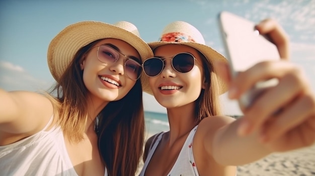 Generatieve AI jonge vrouwen op het strand die selfies maken