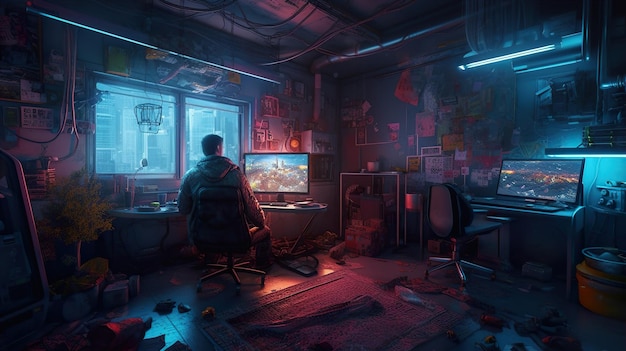 Generatieve AI jongeman die videogames speelt in een kamer met neonlicht