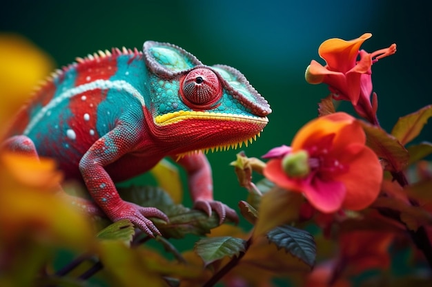 Generatieve AI Kameleon op de bloem Mooie extreme close-up