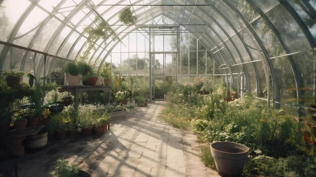 Generatieve AI Kas uit de glazen tentglazen tuin met veel planten Fotorealistisch