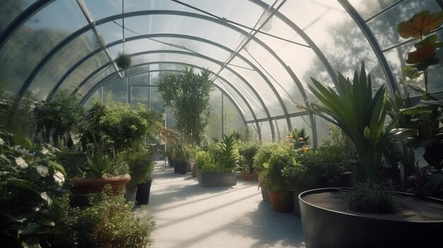 Generatieve AI Kas uit de glazen tentglazen tuin met veel planten
