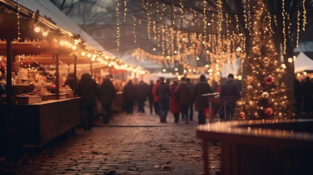 Generatieve AI Kerstmarkt wazige achtergrond winterstraatmarkt in Europa