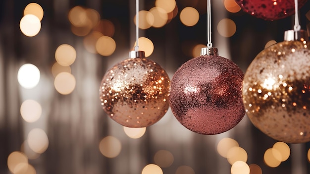 Generatieve AI Kerstmis en nieuwjaar ballen op wazige achtergrond vakantie concept feestelijke winter seizoen achtergrond