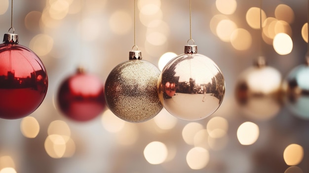 Generatieve AI Kerstmis en nieuwjaar ballen op wazige achtergrond vakantie concept feestelijke winter seizoen achtergrond