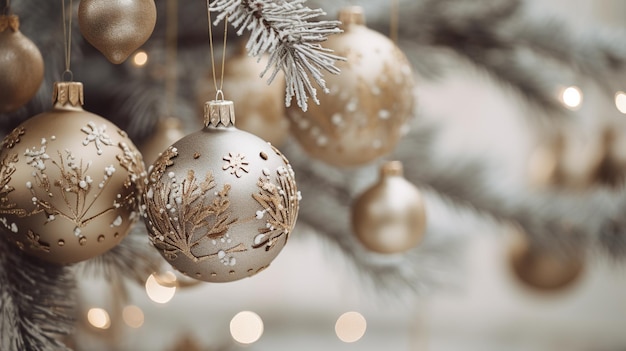 Generatieve AI Kerstmis en nieuwjaarsballen in de takken van de dennenboom vakantie concept feestelijke winter
