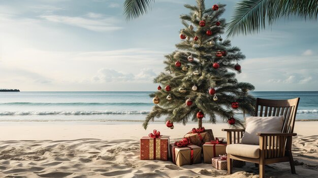 Foto generatieve ai kerstmis op het strand geschenken kerstboom palmbomen oceaan en stoelen vakantie concept