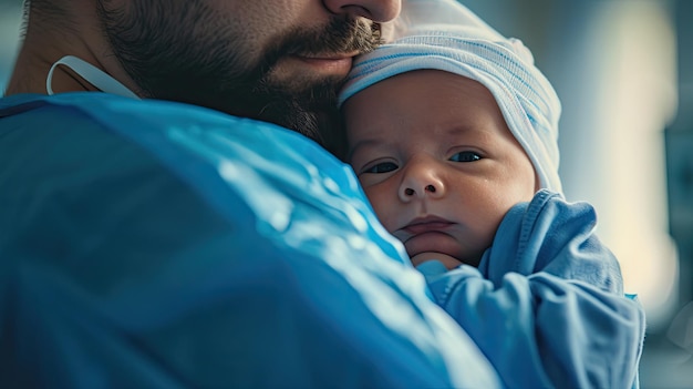 Generatieve AI Kinderarts arts die een pasgeboren baby in het ziekenhuis vasthoudt concept van bevalling en gezondheidszorgprofessionals