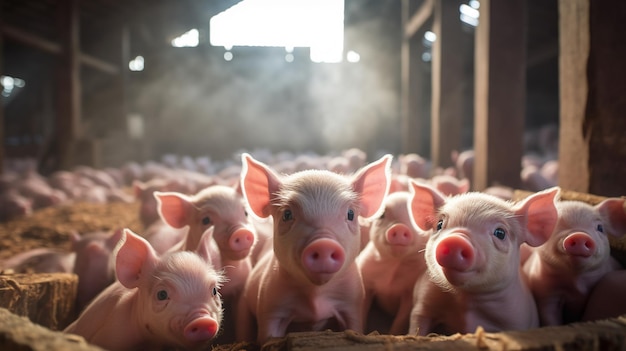 Generatieve AI kleine varkens kijken naar de camera op een boerderij