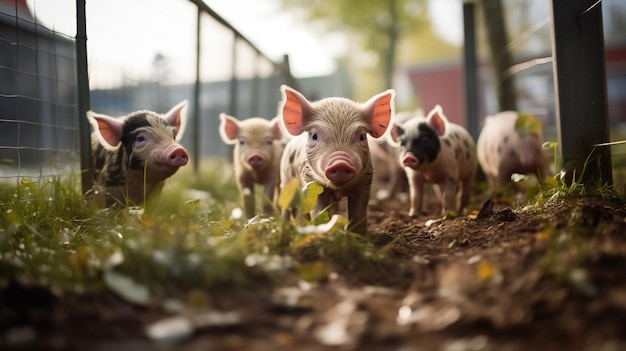 Generatieve AI kleine varkens kijken naar de camera op een boerderij