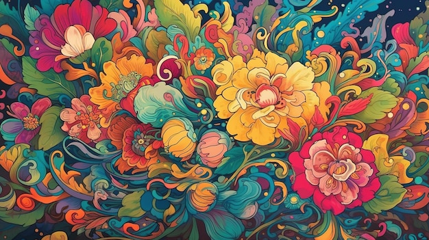 Generatieve AI Kleurrijk bloemmotief Lisa Frank en James Jean inspireerden natuurlijke planten