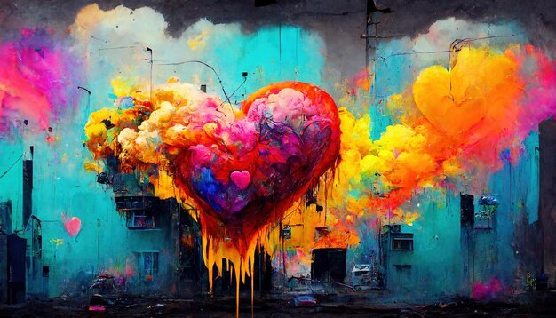 Generatieve AI Kleurrijk hart als graffiti liefdesymbool op de muur straatkunst Gesmolten verf