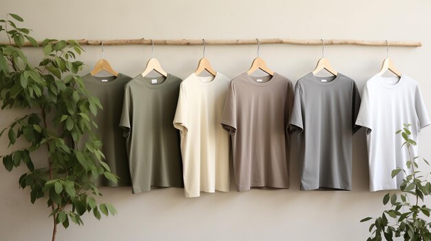 Foto generatieve ai kleurrijke gedempte kleuren t-shirts op hangers kleding achtergrond print on demand concept stoffenwinkel