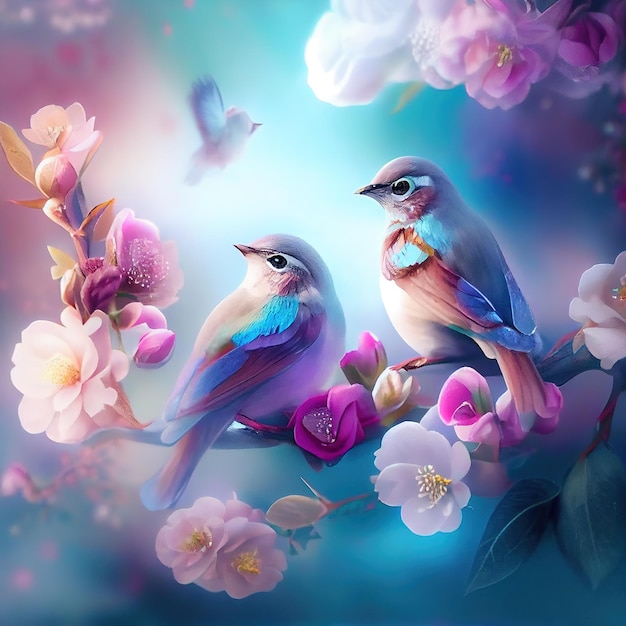 Foto generatieve ai kleurrijke vogels met bloemen