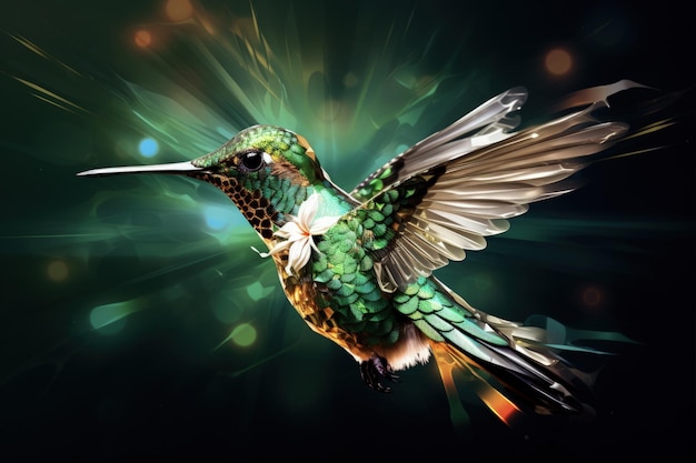 Generatieve AI-kunstwerk van een kolibri die naast een bloem vliegt in een levendige groene natuur