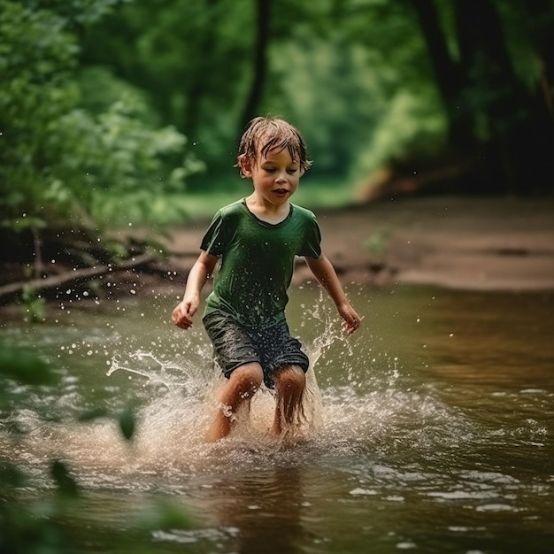 Generatieve AI laat een kleine peuter zien die in de zomer met water spettert