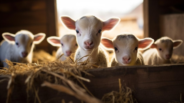 Generatieve AI lammetjes kijken naar de camera op een boerderij babyschaapjes